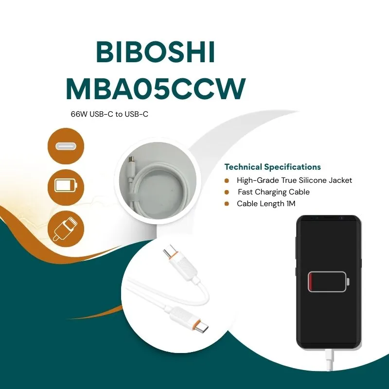 BIBOSHI 66W Type-C to Type-C fast charging cable with silicone build for high-speed power delivery and data transfer